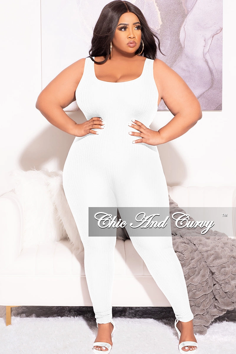 Final Sale Plus Size Ribbed Tank Unitard in Off White Cropped hem