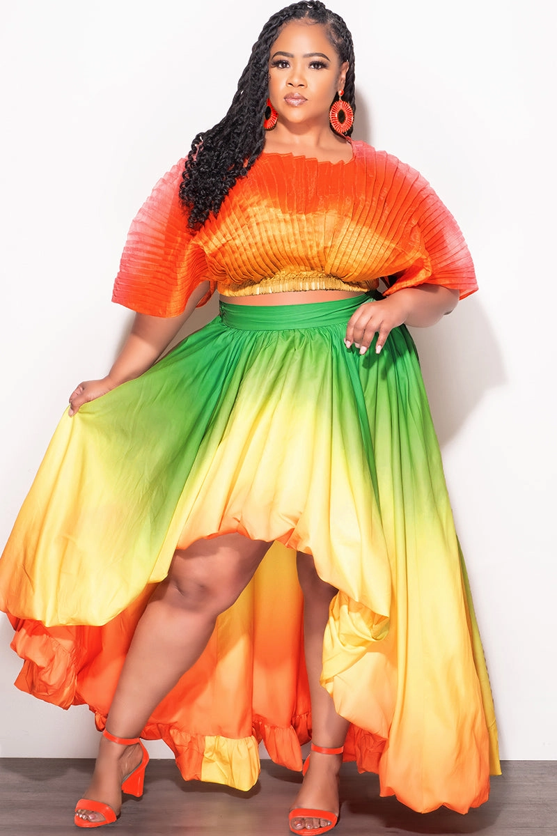 Cozy Movement Final Size 2pc Pleated Off the Shoulder Top and Highlow Skirt Set in In Yellow Green and Orange