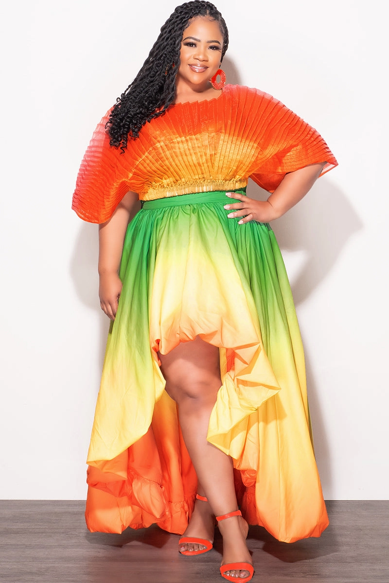 Cotton comfort Flattering Look Final Size 2pc Pleated Off the Shoulder Top and Highlow Skirt Set in In Yellow Green and Orange