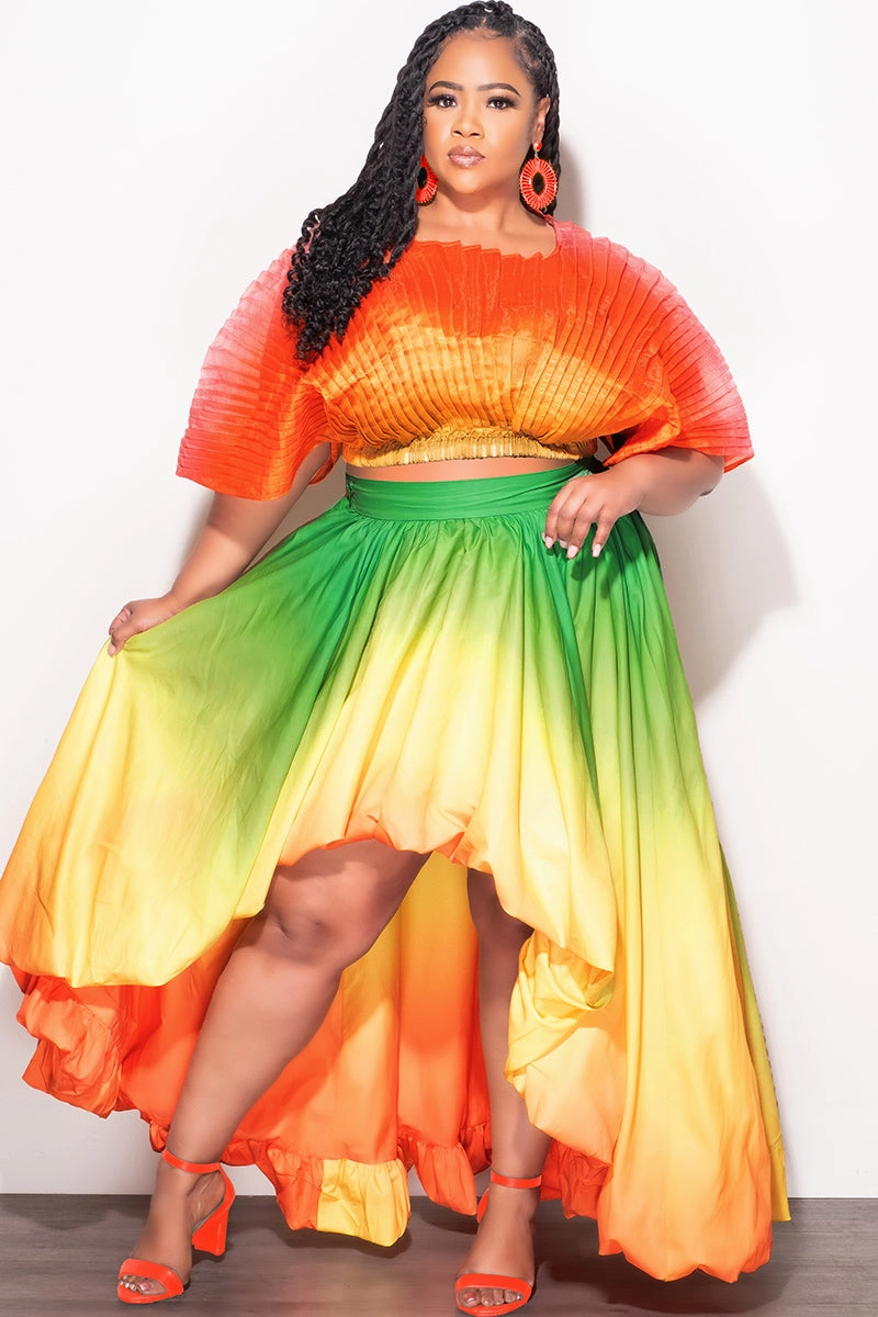 Elastic Cuff Flowy legs Final Size 2pc Pleated Off the Shoulder Top and Highlow Skirt Set in In Yellow Green and Orange