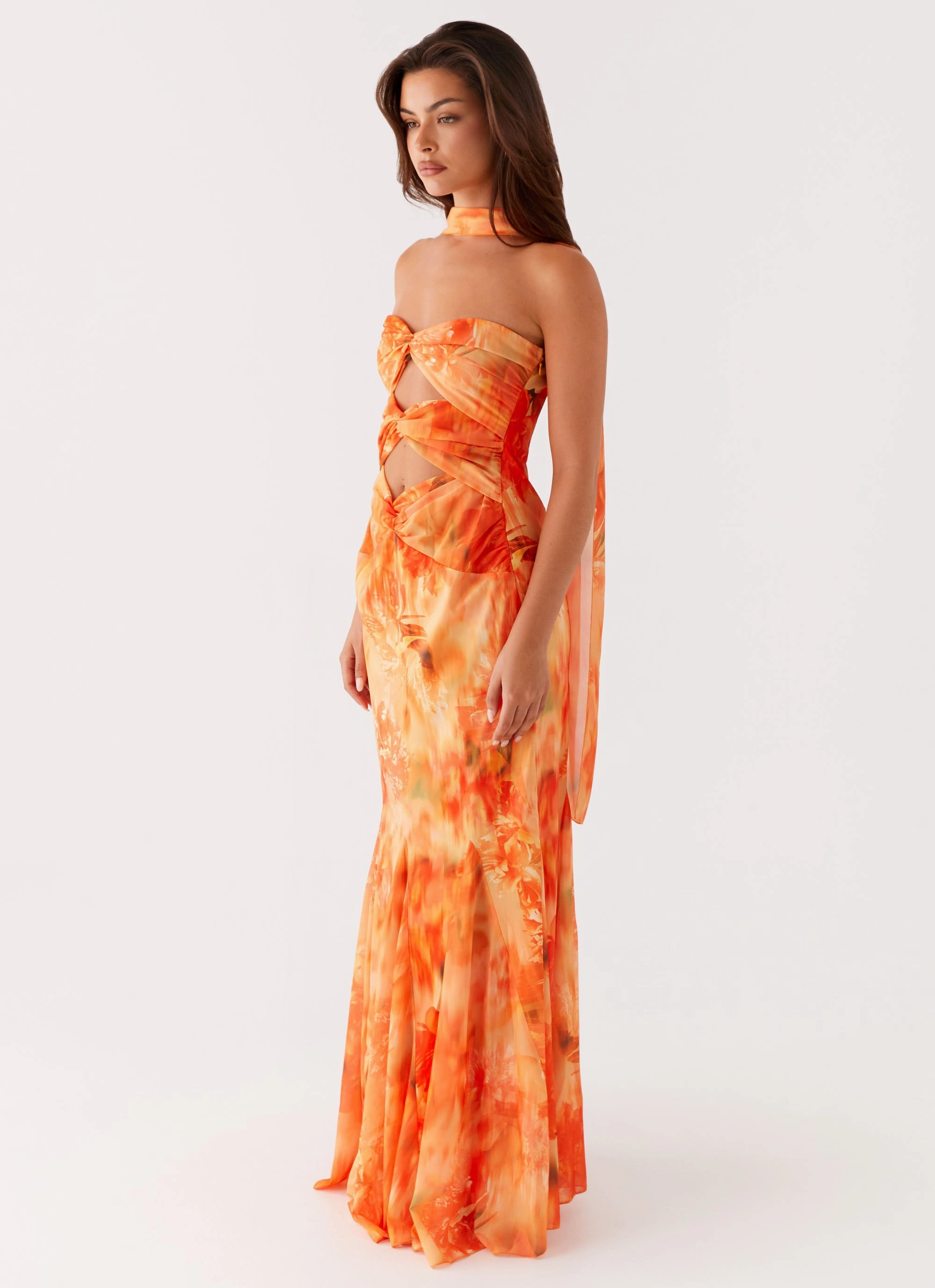Feminine Charm Melrose Satin Chiffon Maxi Dress - Sunset Floral