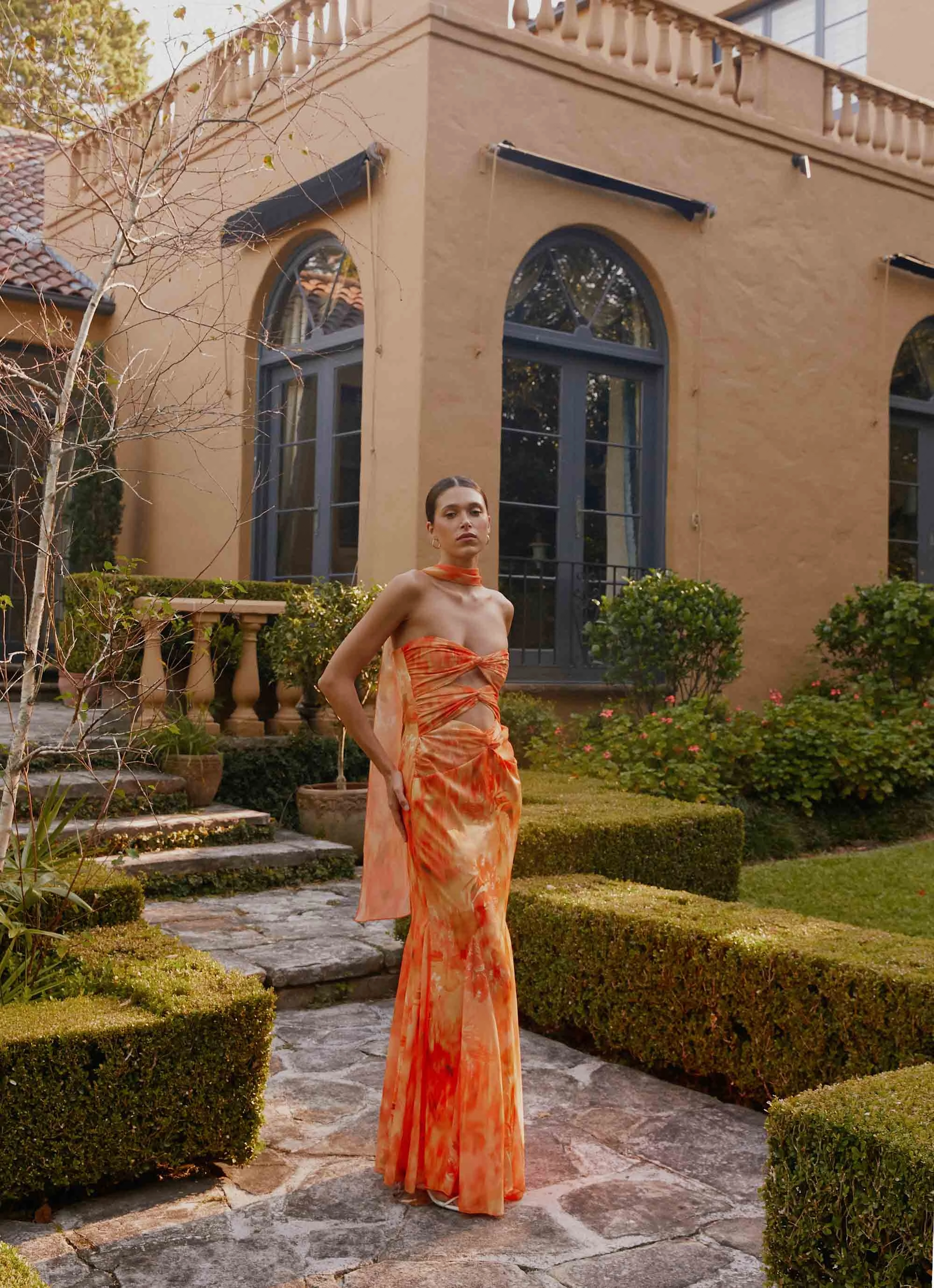 Business casual Melrose Satin Chiffon Maxi Dress - Sunset Floral