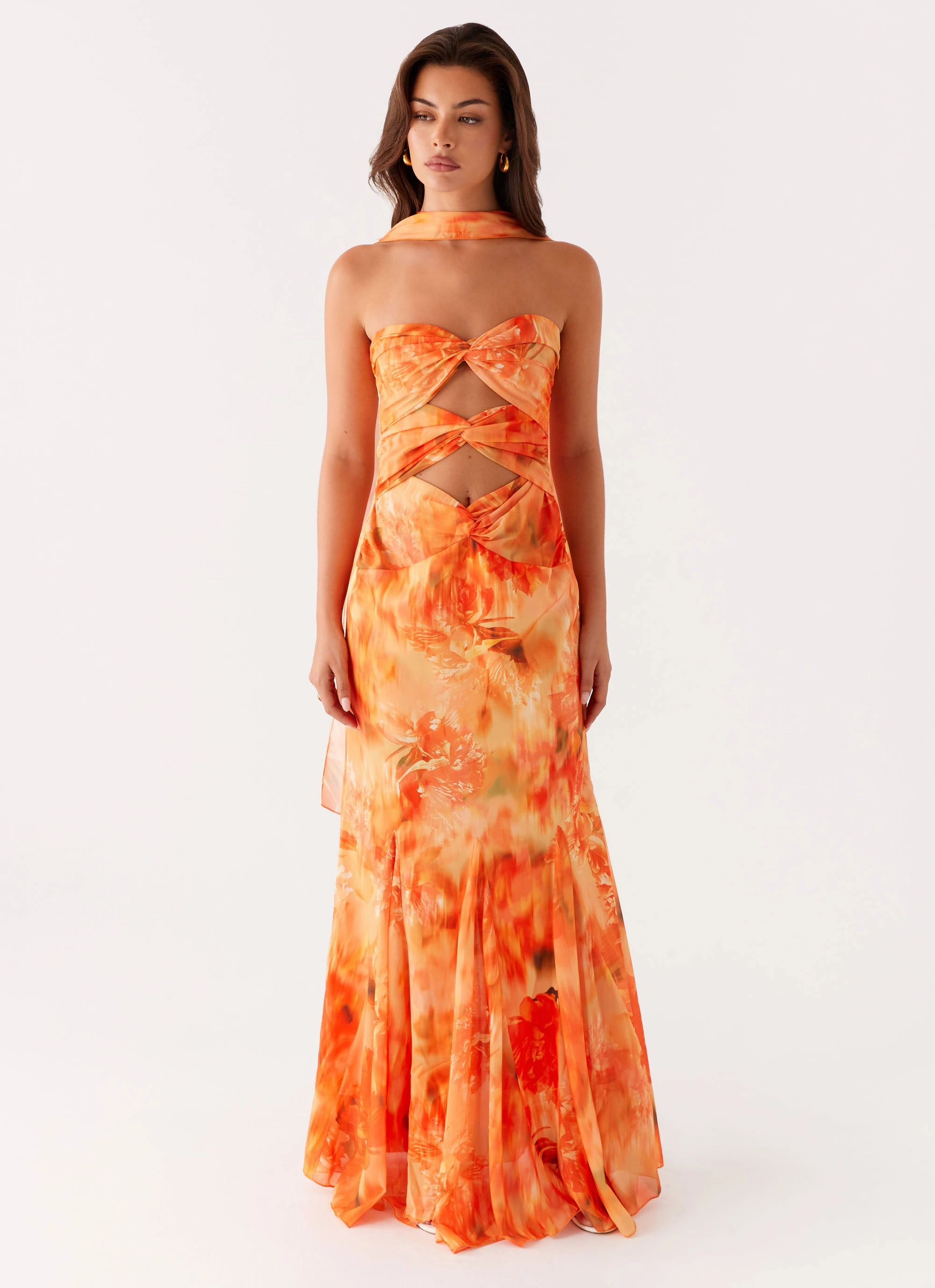 Silky-Lining Melrose Satin Chiffon Maxi Dress - Sunset Floral