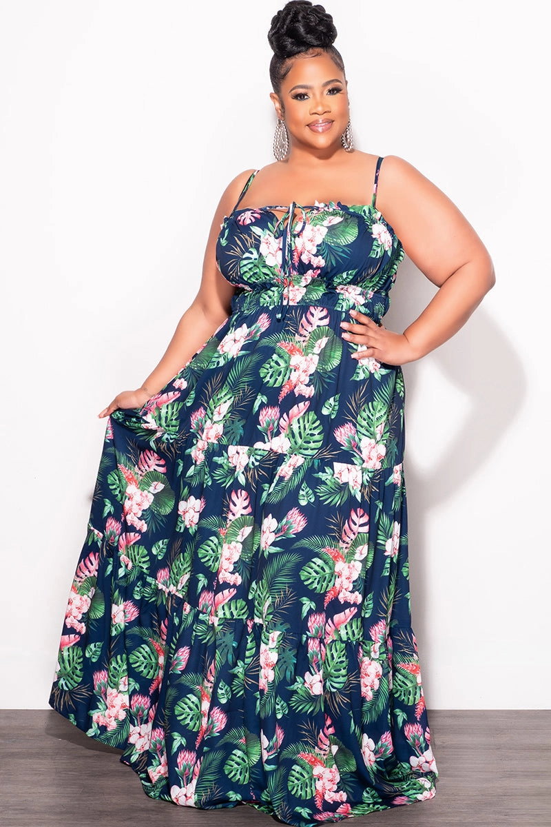 ComfortWaistband Reinforced Pockets Final Sale Plus Size Tank Maxi Dress with Cutout back in Navy Floral Print