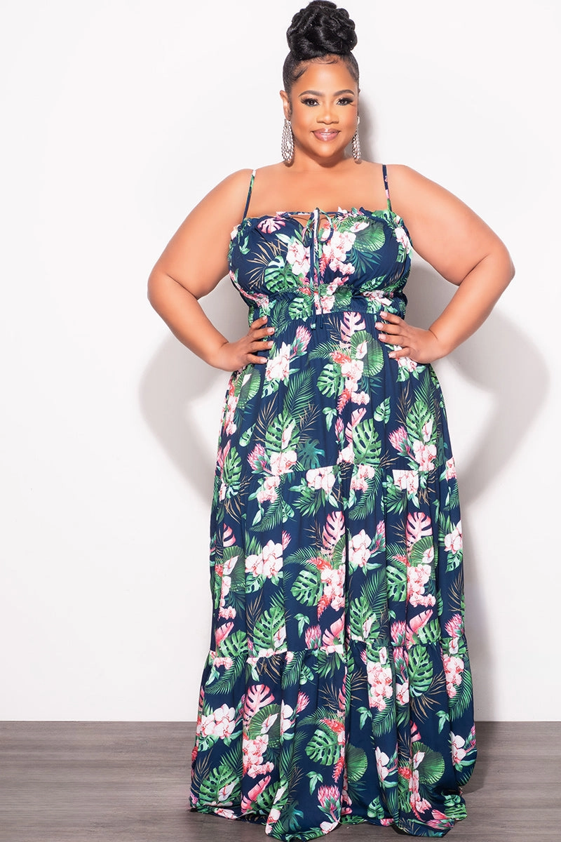 Final Sale Plus Size Tank Maxi Dress with Cutout back in Navy Floral Print DoubleLayeredKnees Loose Design