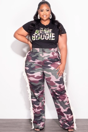 Basic Style Slimline Fit Final Sale Plus Size Pants with Fringe High Waist in Camo