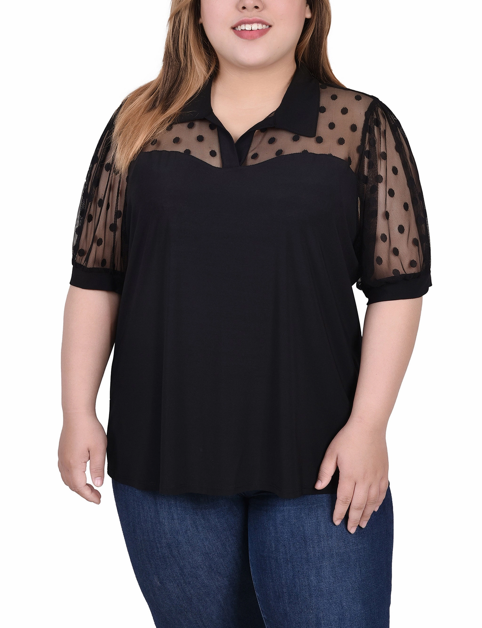 AntiFade Treatment Stretch Knit Fabric Plus Size Short Sleeve Top With Dotted Mesh