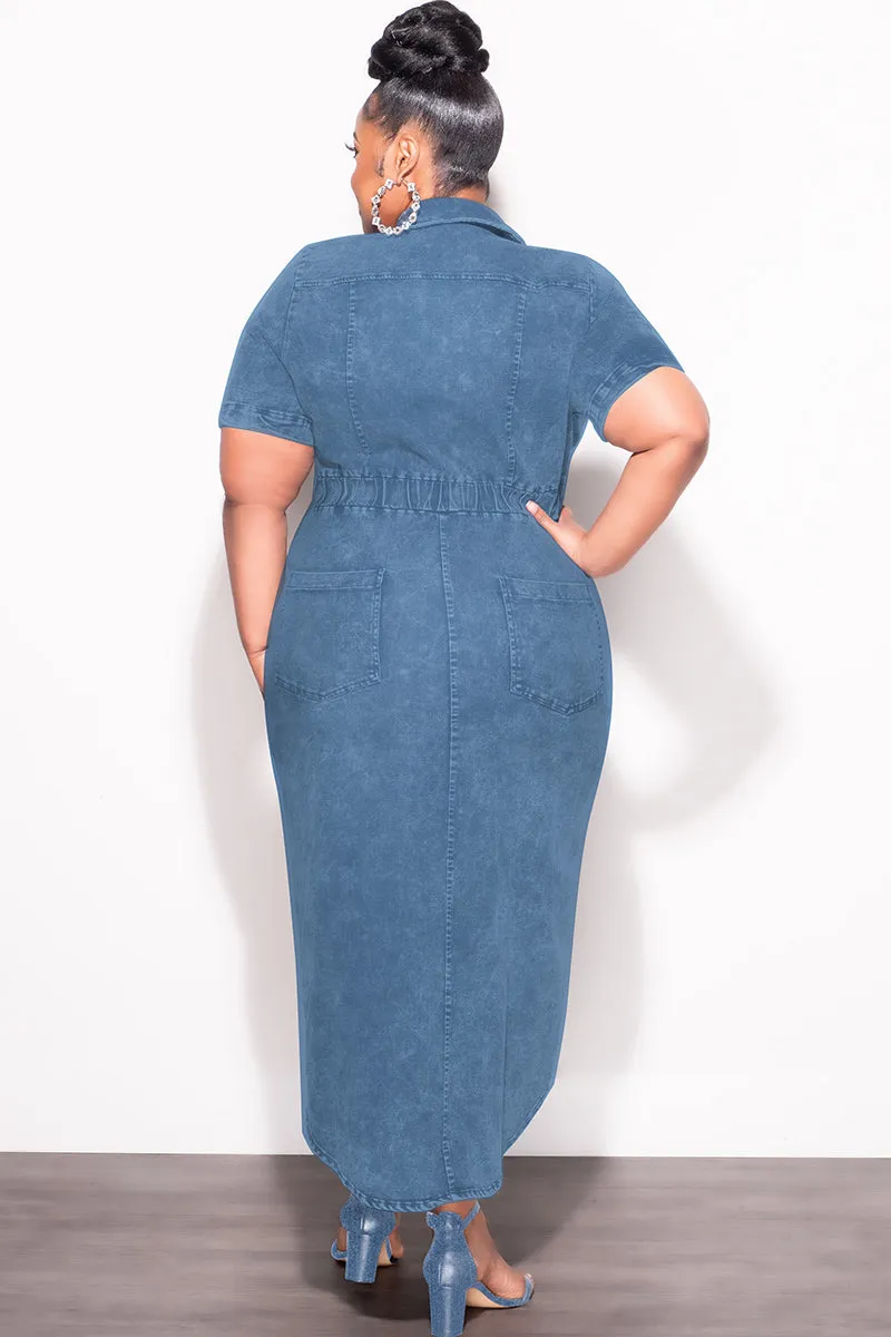 Cozy Stretch Final Sale Plus Size Collar Button Up Dress in Medium Denim