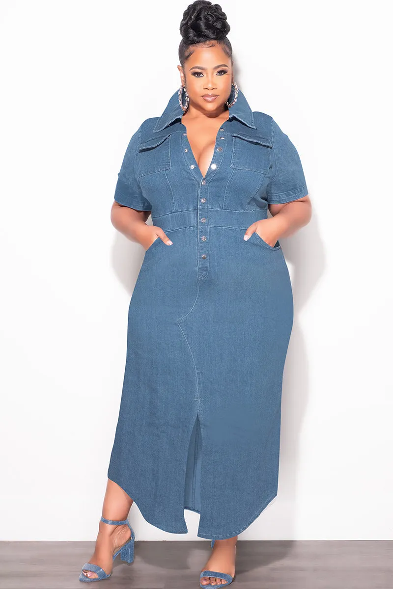 Breathable Comfort Design Performance Layer Final Sale Plus Size Collar Button Up Dress in Medium Denim