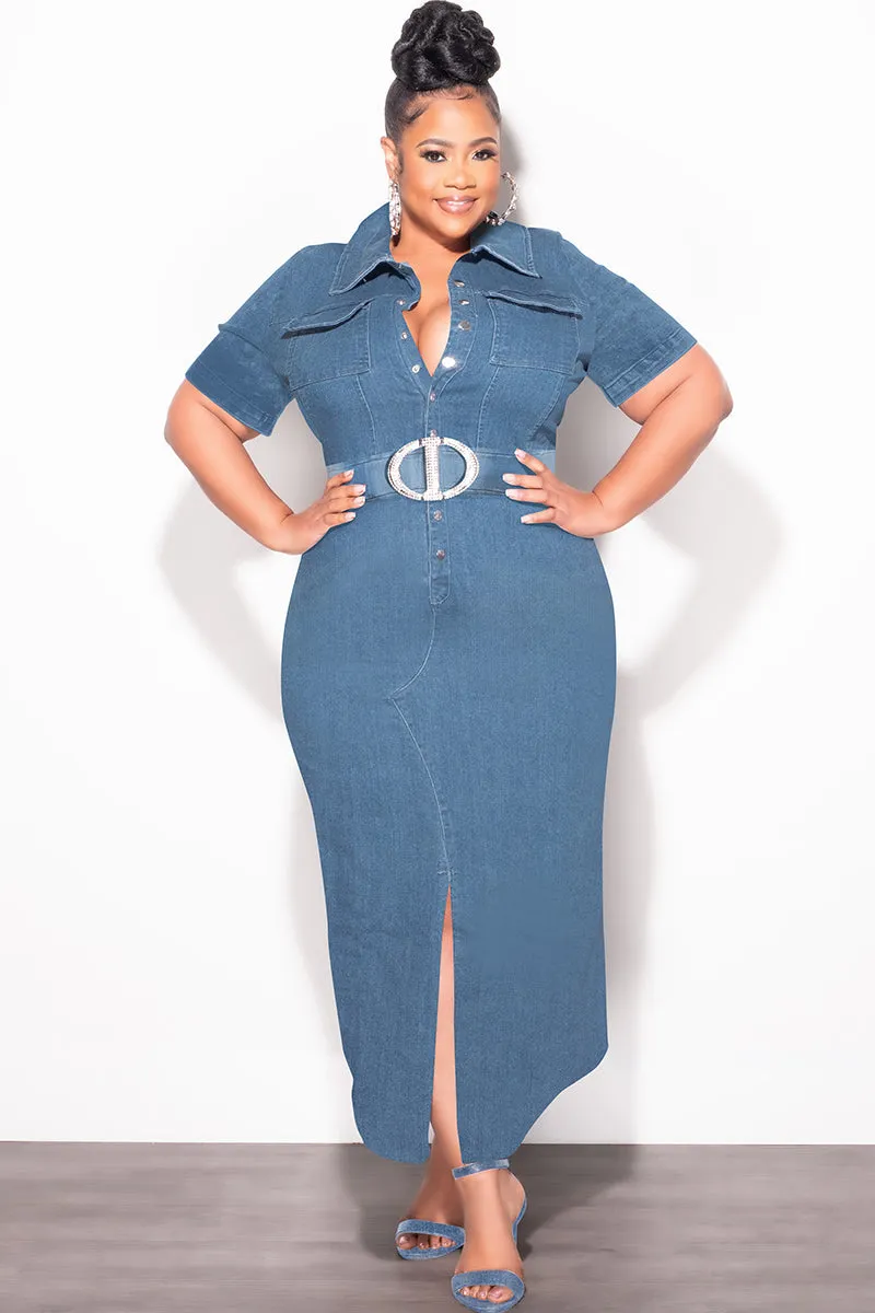 WindResistantMaterial Final Sale Plus Size Collar Button Up Dress in Medium Denim