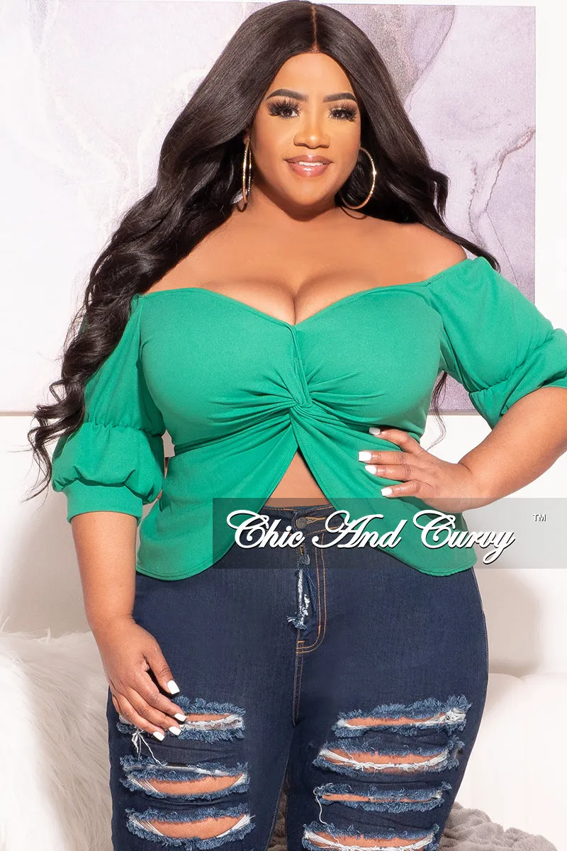 Flat Lock Stitching Final Sale Plus Size Off the Shoulder Twist Front Top in Green