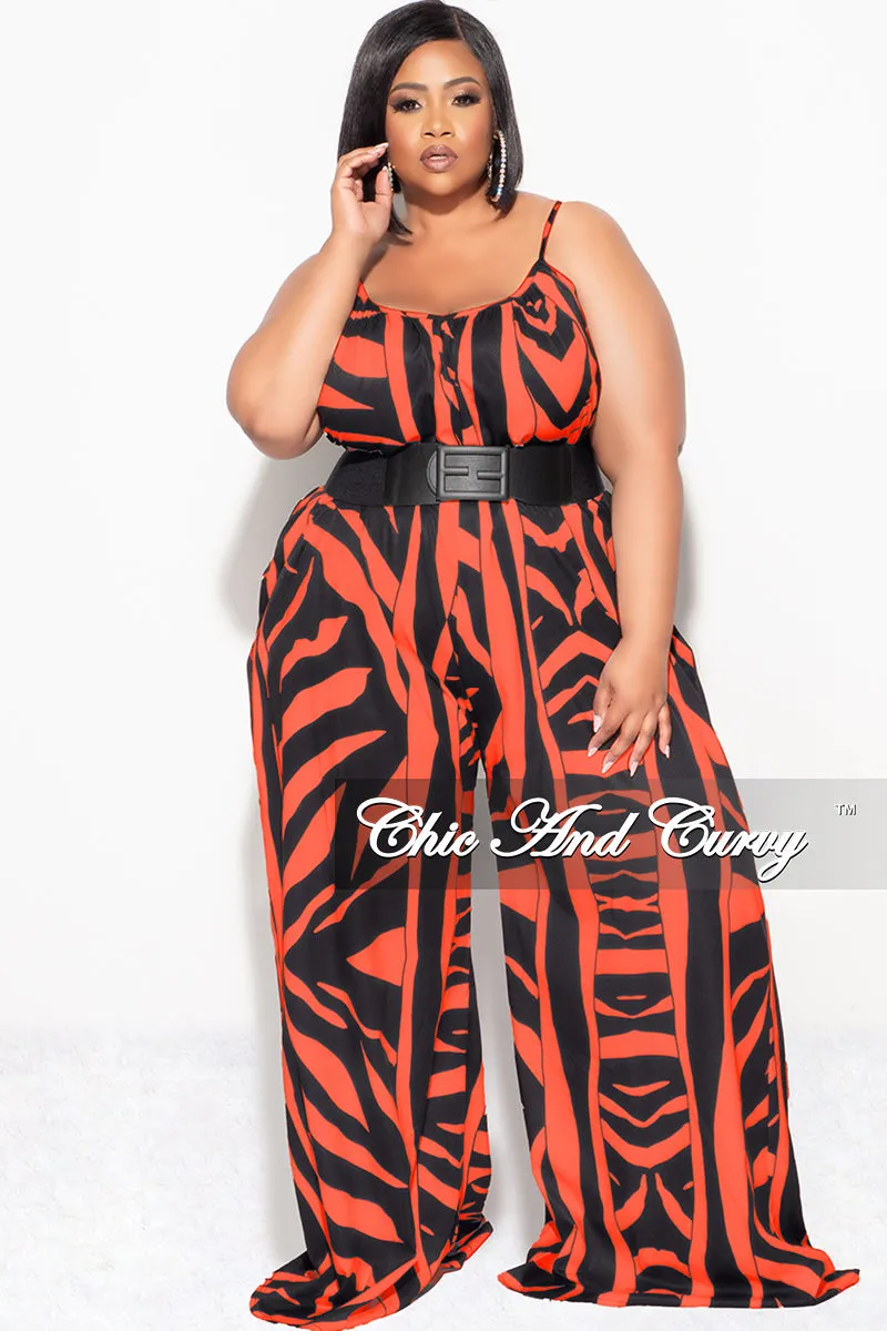 Final Sale Plus Size Jumpsuit with Spaghetti Straps & Ruffled Ankles in Black and Orange Breathable fabric