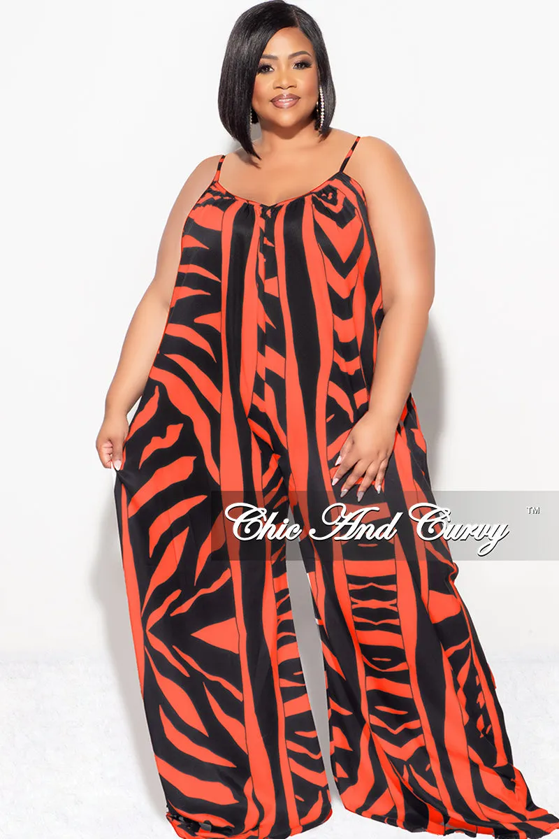 All Day Wear Comfort Final Sale Plus Size Jumpsuit with Spaghetti Straps & Ruffled Ankles in Black and Orange