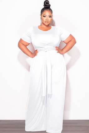 Final Sale Plus Size 2pc Short Sleeve Tie Top and Pants Set in White Breathable Layer Fit Relax Fit Wear