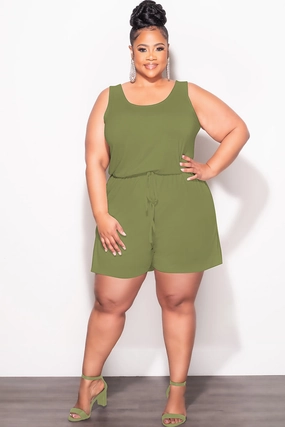 Final Sale Plus Size Sleeveless French Terry V Neck Romper in Olive Casual Stretch Wear