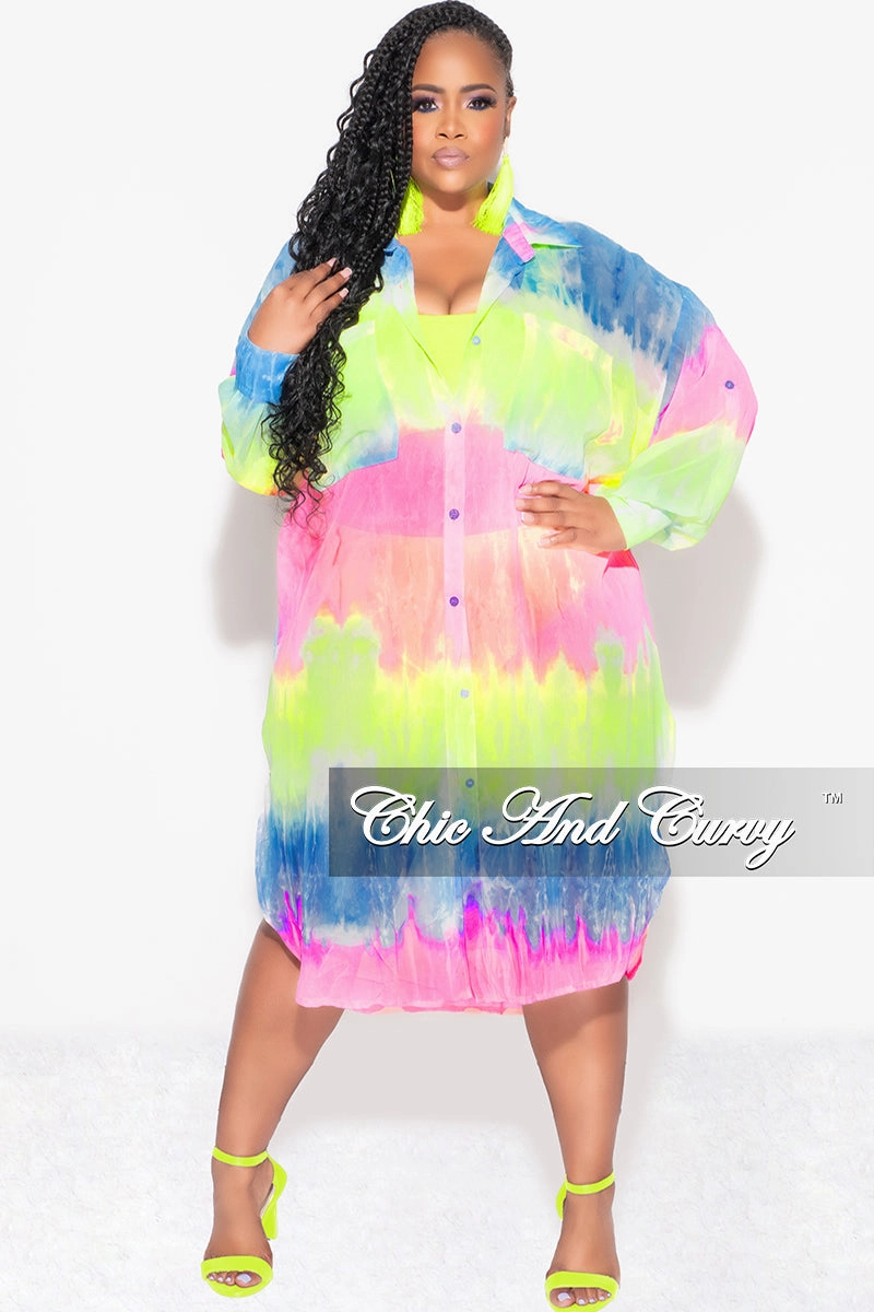 Final Sale Plus Size Sheer Button Up Collar Tunic Dress in Multi Color Print Wrinkle-Resistant Streetwear vibe