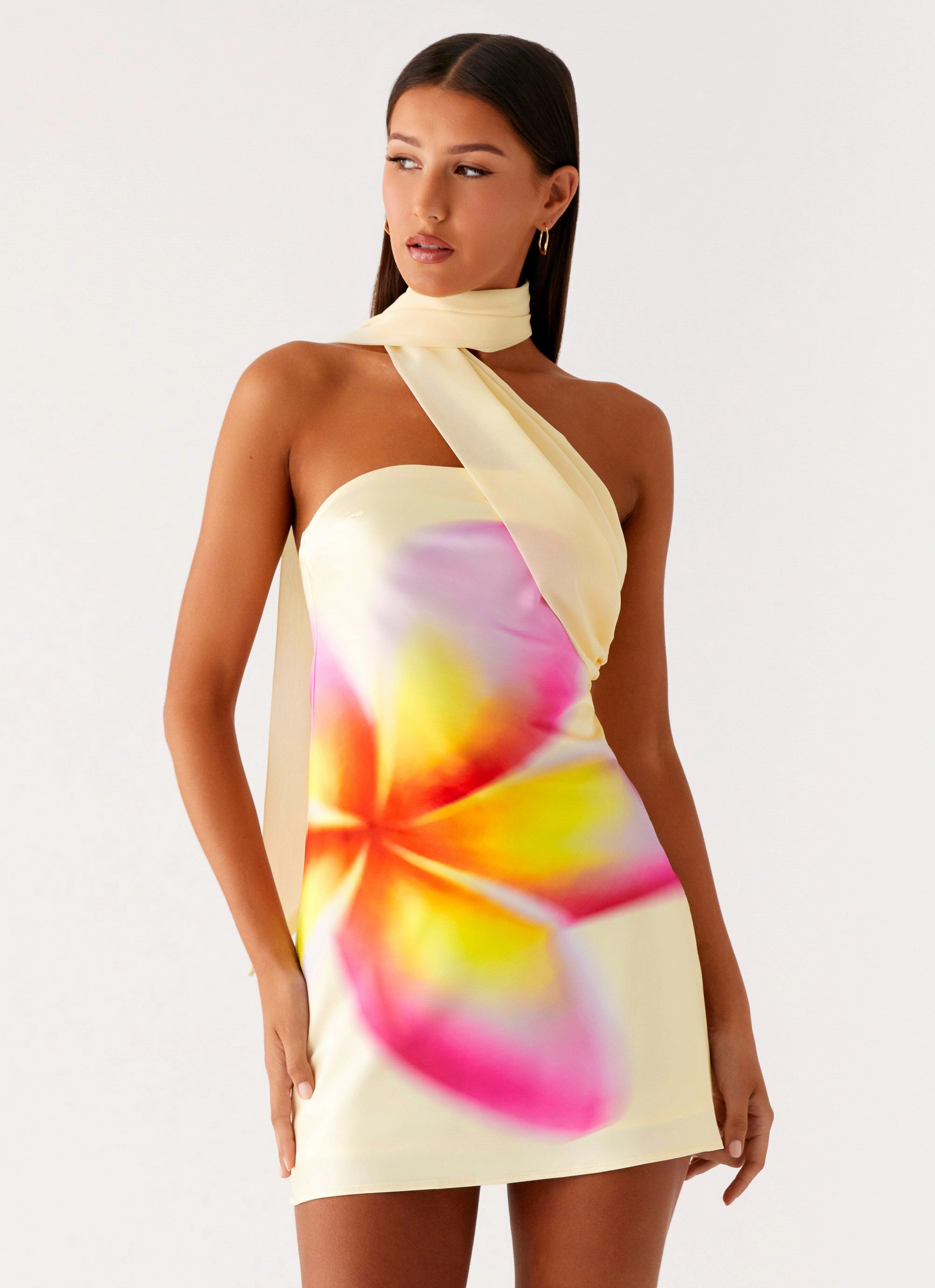 Comfy Look Isa Scarf Satin Mini Dress - Frangipani Yellow Resort Vacation Outfit Moodboard