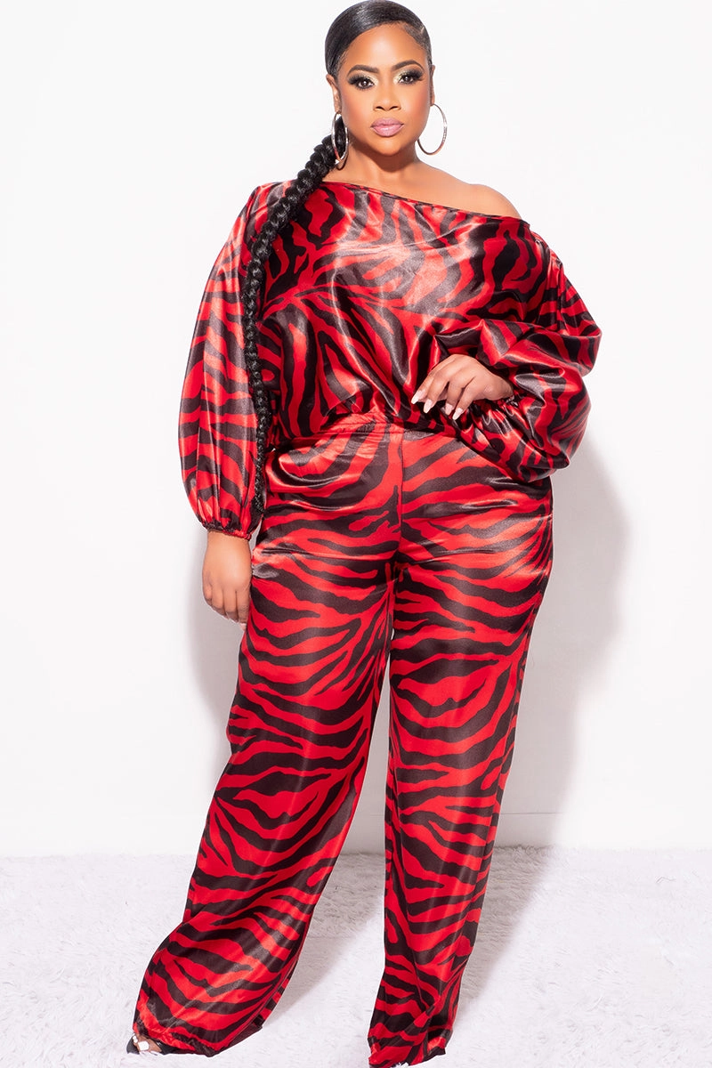 Final Sale Plus Size 2pc Satin Top and Palazzo Pants Set in Red and Black Zebra Print Stylish Comfort DoubleLayeredKnees