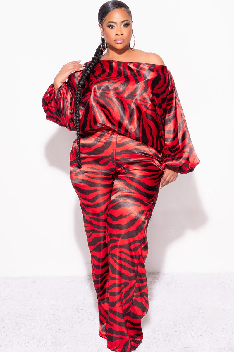 Final Sale Plus Size 2pc Satin Top and Palazzo Pants Set in Red and Black Zebra Print Casual Fit Design