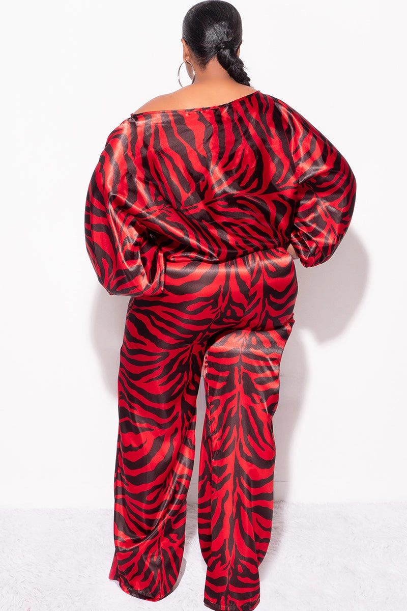 High Density Weave Durable Hemming Final Sale Plus Size 2pc Satin Top and Palazzo Pants Set in Red and Black Zebra Print