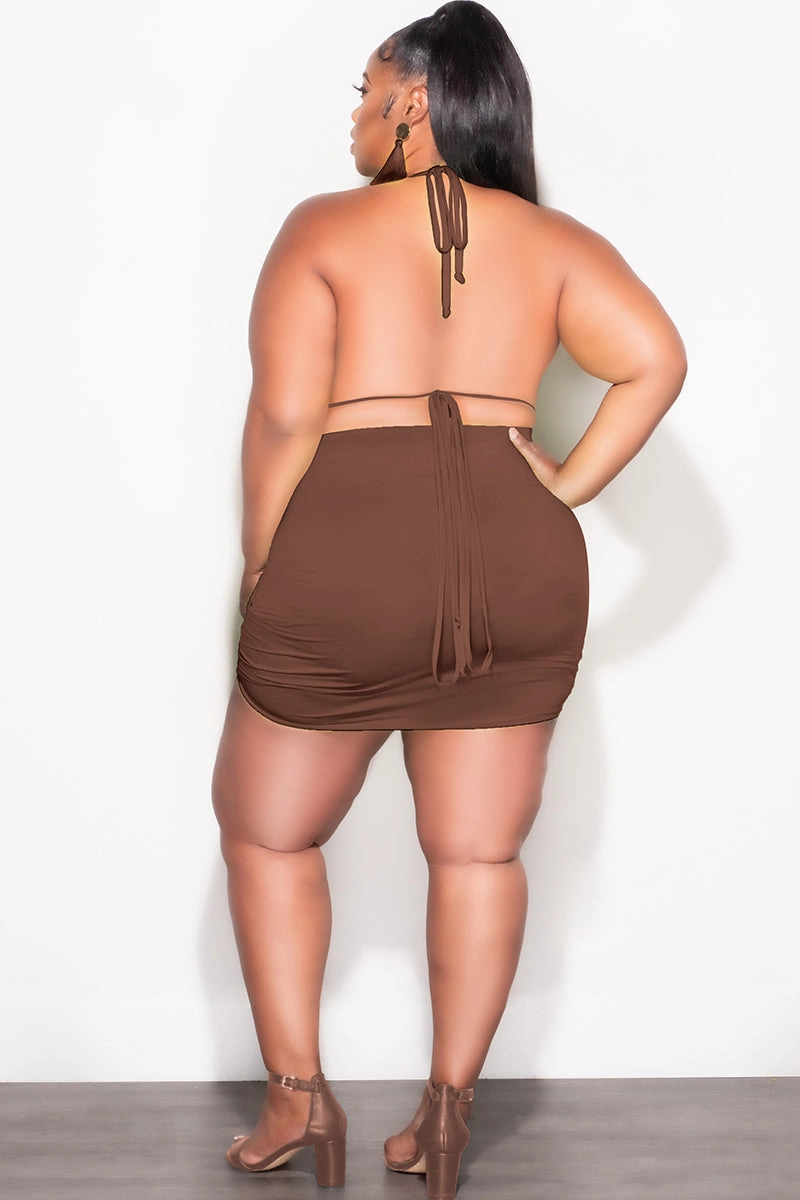 anti slip grip Travel Essential Final Sale Plus Size 3pc Set Bikini Top, Briefs & Ruched Skirt in Brown Summer