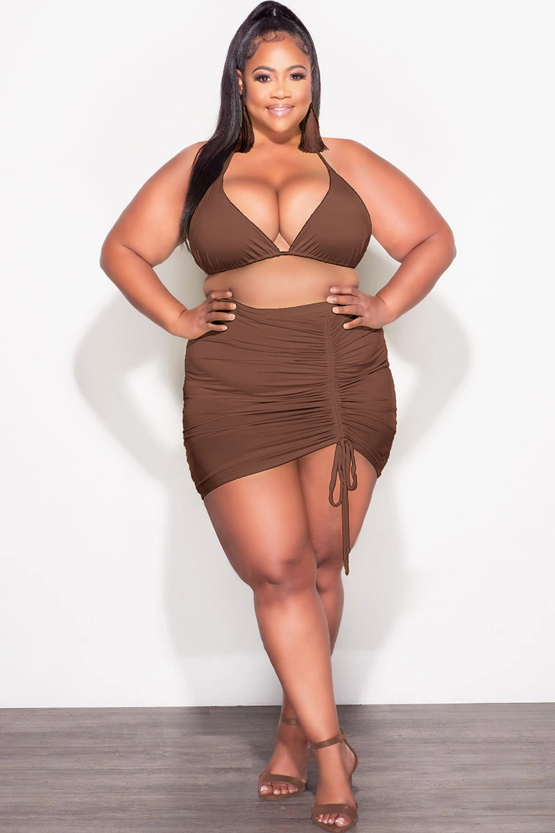 Final Sale Plus Size 3pc Set Bikini Top, Briefs & Ruched Skirt in Brown Summer Tough Wear