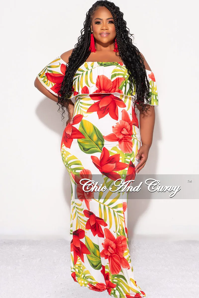 Final Sale Plus Size Off the Shoulder Ruffle Overlay Maxi Gown in White, Red, and Green Floral Print AntiStaticFinish Windproof Membrane
