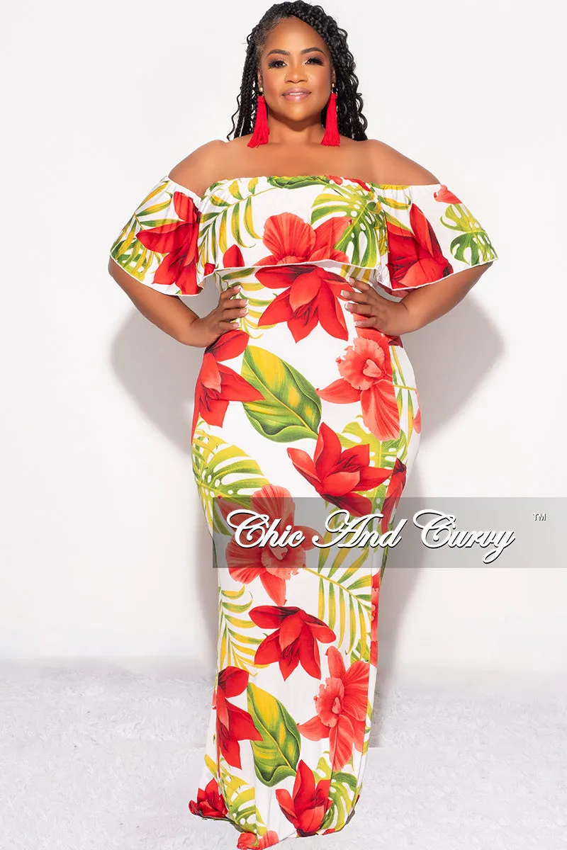 Final Sale Plus Size Off the Shoulder Ruffle Overlay Maxi Gown in White, Red, and Green Floral Print Fade Resistant Dye Practical Comfort