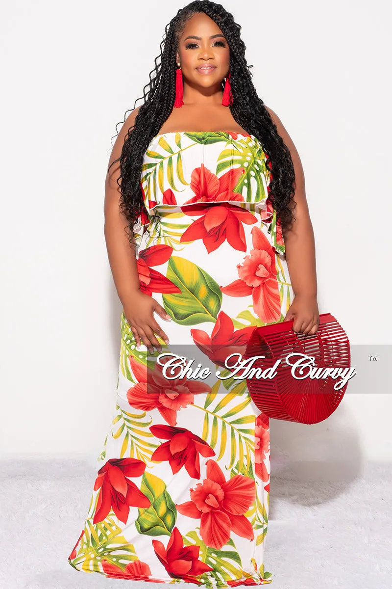 Final Sale Plus Size Off the Shoulder Ruffle Overlay Maxi Gown in White, Red, and Green Floral Print Stylish Appearance