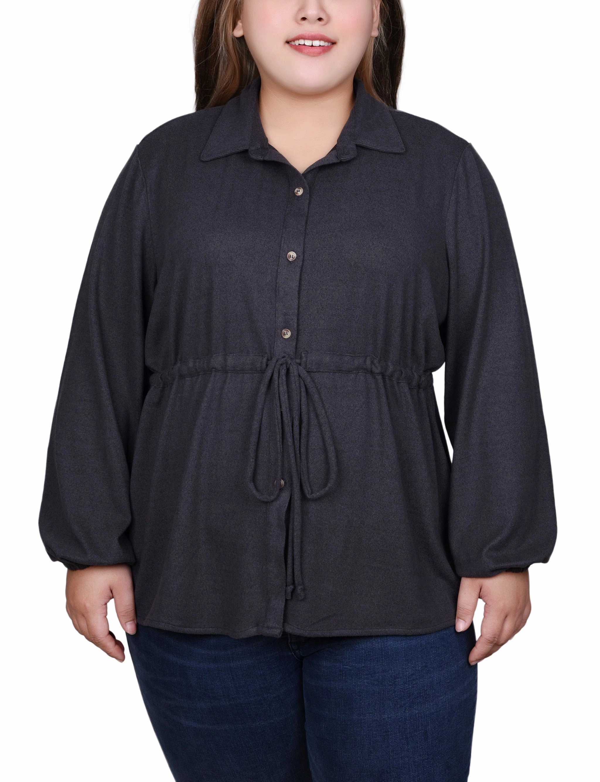 Plus Size Long Dolman Sleeve Drawstring-Waist Tunic Top ReinforcedShoulderConstruction Minimalist Silhouette