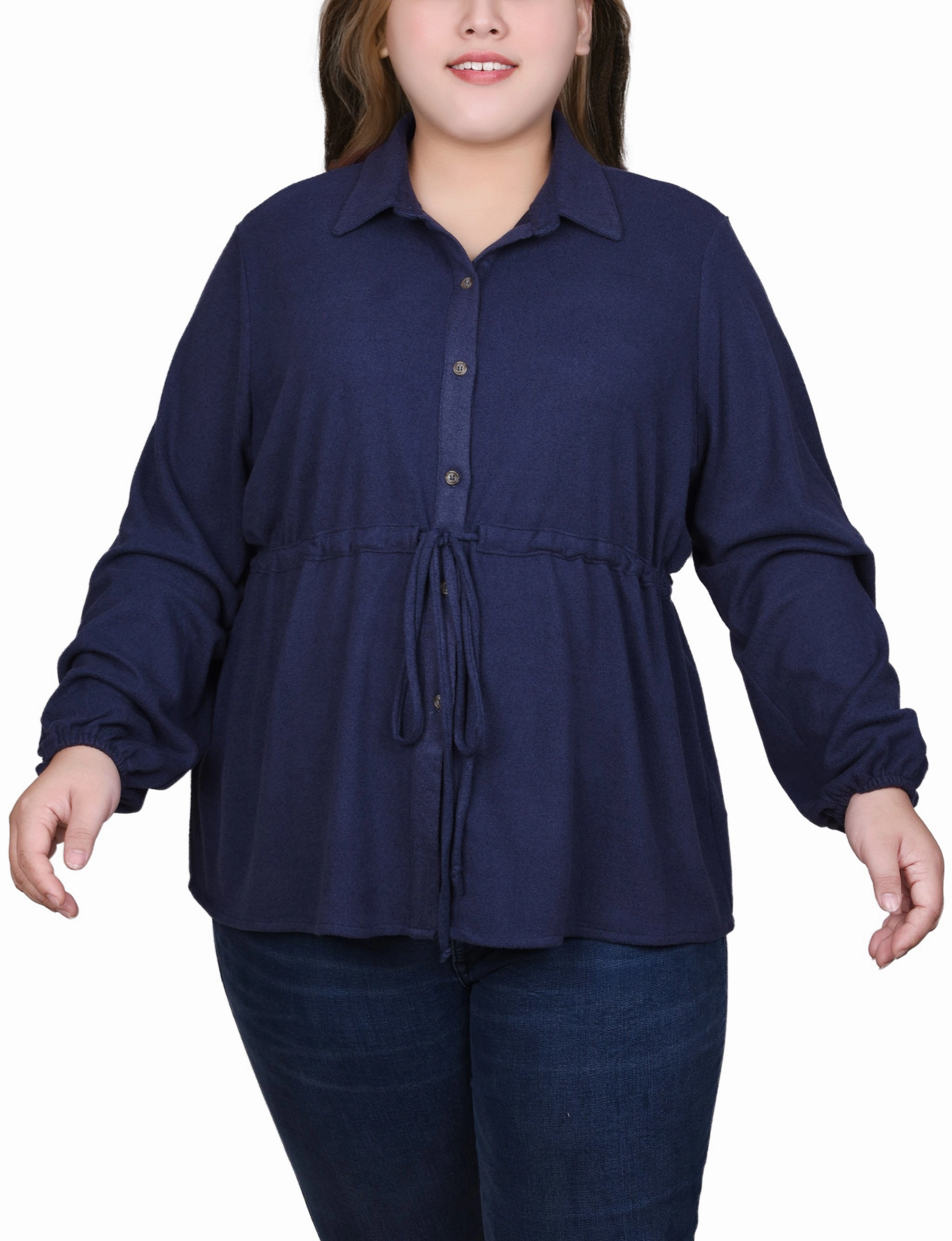 Plus Size Long Dolman Sleeve Drawstring-Waist Tunic Top UVProtection RibbedCollar