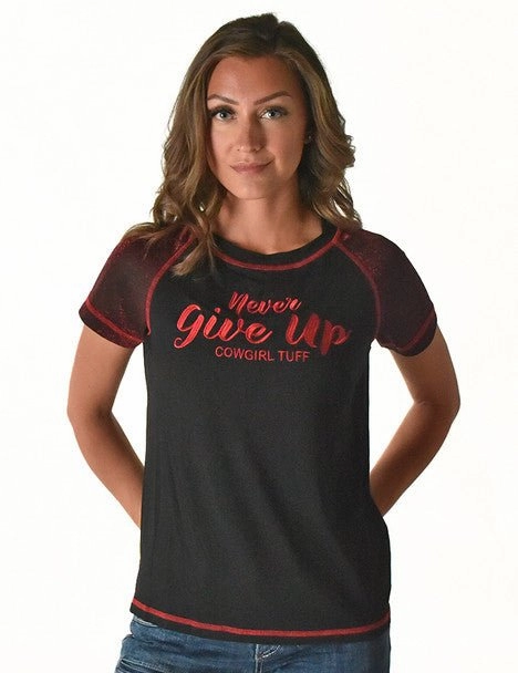 Trend-Driven Cowgirl Tuff Womens Never Give Up Shimmer Dark Red Nylon S/S T-Shirt