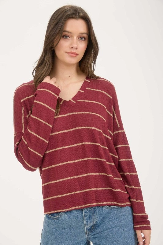Whitney Stripe V Neck Drop Shoulder Long Sleeve Knit Top Multi Panel Design