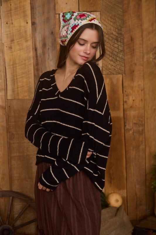Whitney Stripe V Neck Drop Shoulder Long Sleeve Knit Top Scoop Neck Shape AdjustableClosure