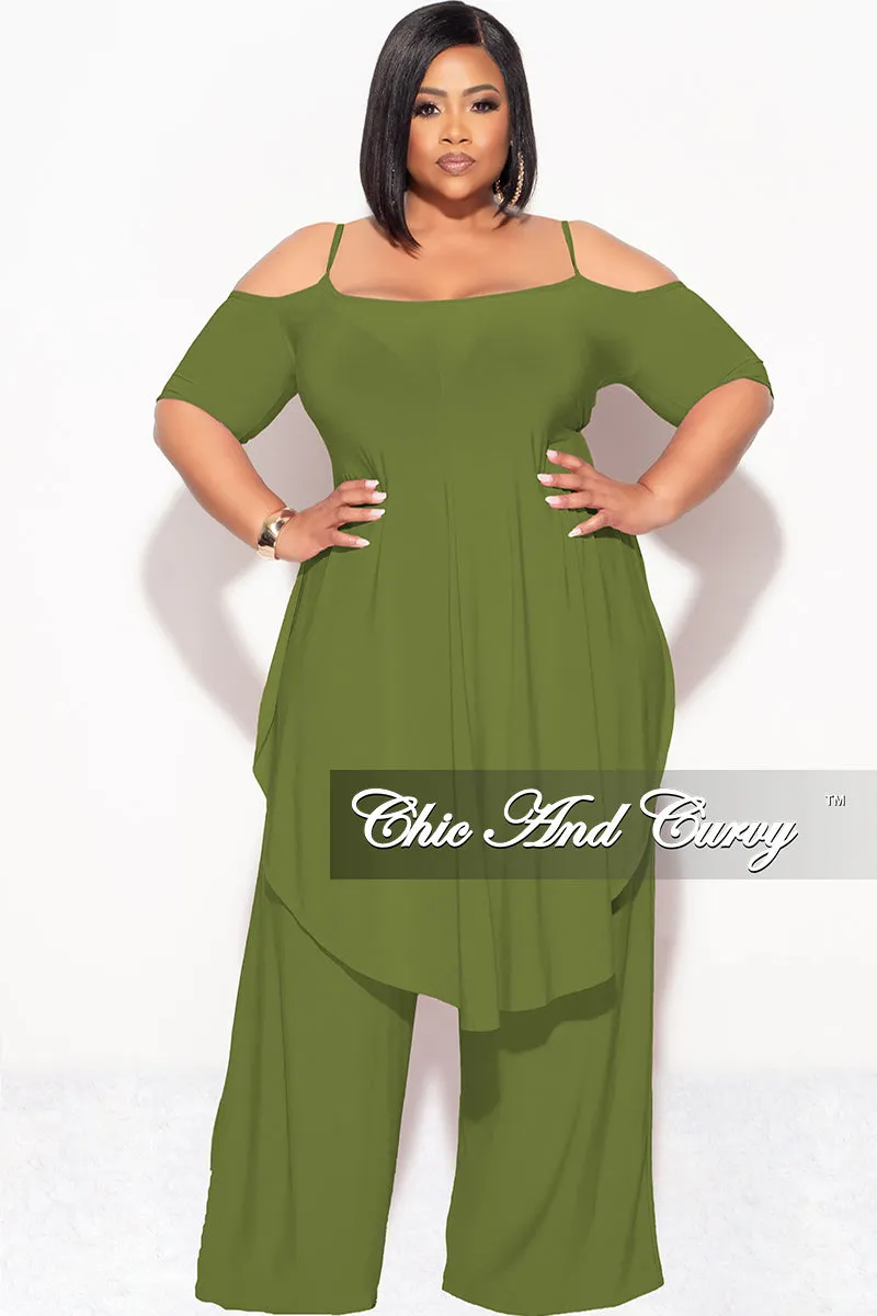 Slim Waist Easy Pack Final Sale Plus Size 2pc Cold Shoulder High Low Top and Wide Leg Pants in Olive