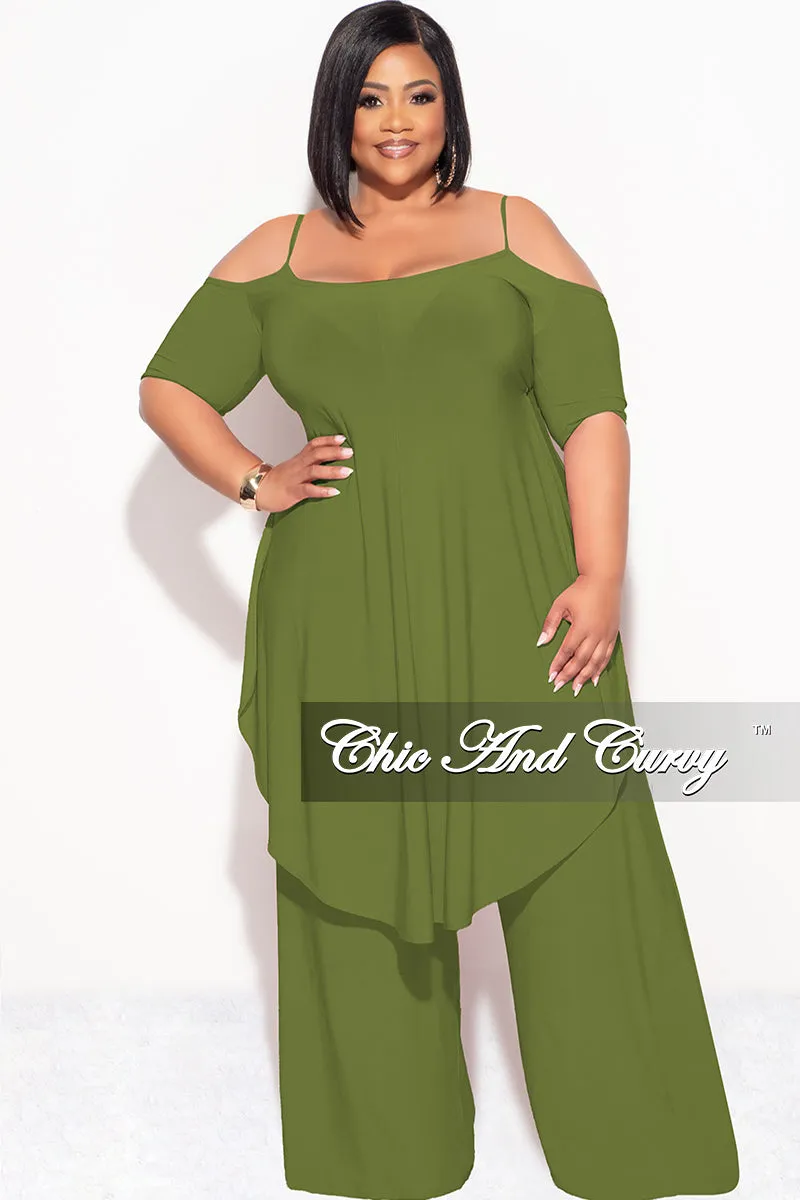 Final Sale Plus Size 2pc Cold Shoulder High Low Top and Wide Leg Pants in Olive LowProfileStitching