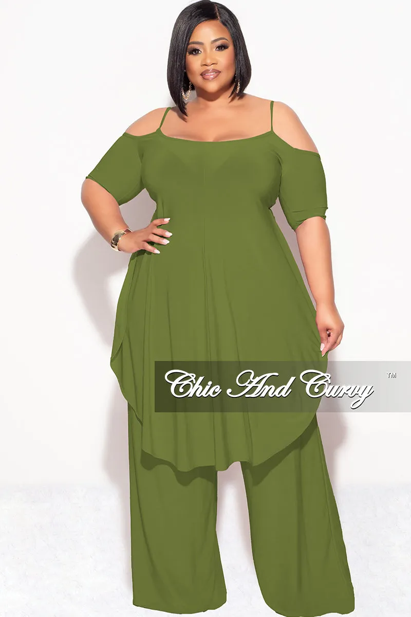 Flattering Shape Final Sale Plus Size 2pc Cold Shoulder High Low Top and Wide Leg Pants in Olive