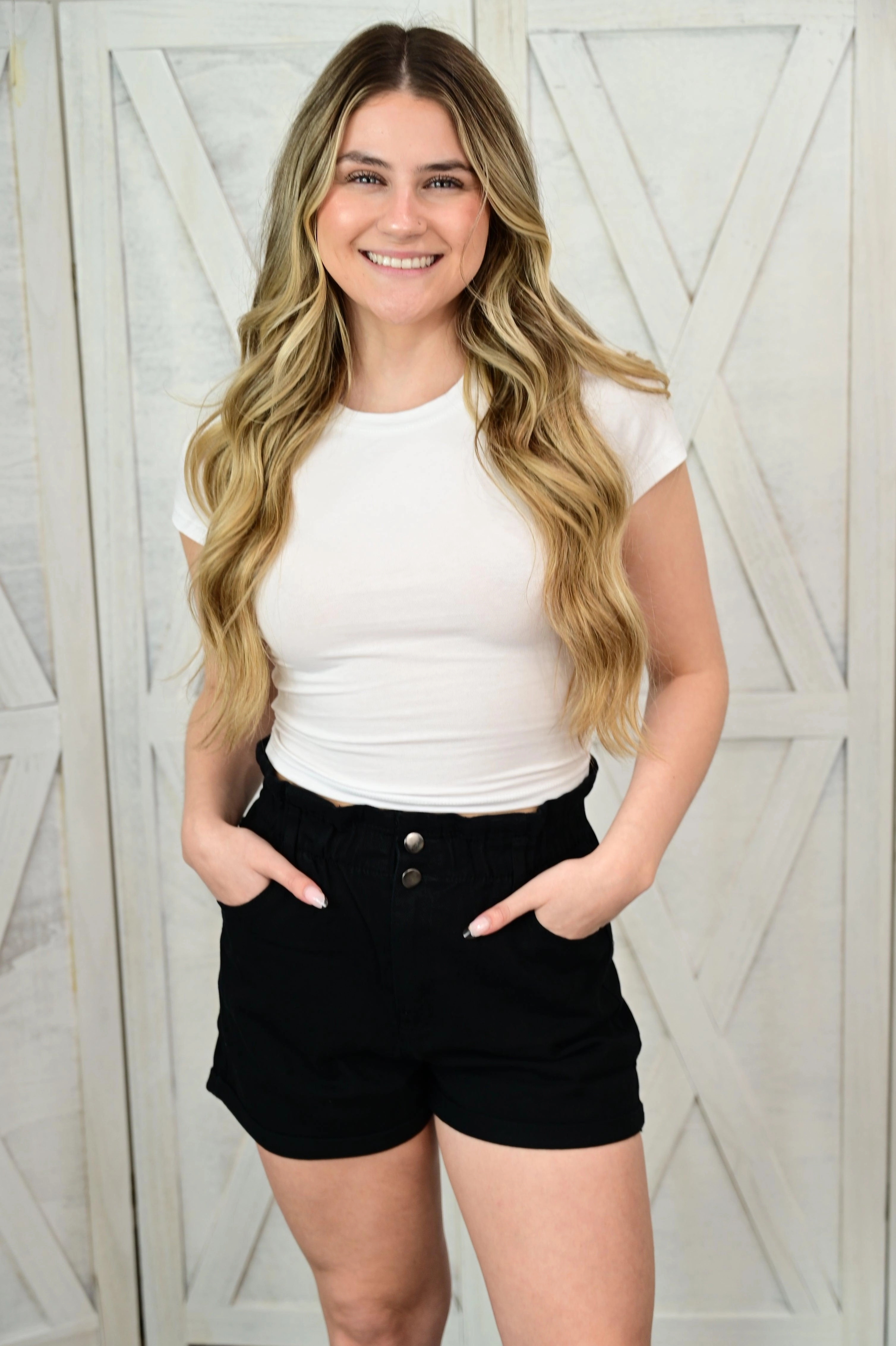 Nora Double Buttoned Waistband Denim Shorts Polished Cut Clean Outfit