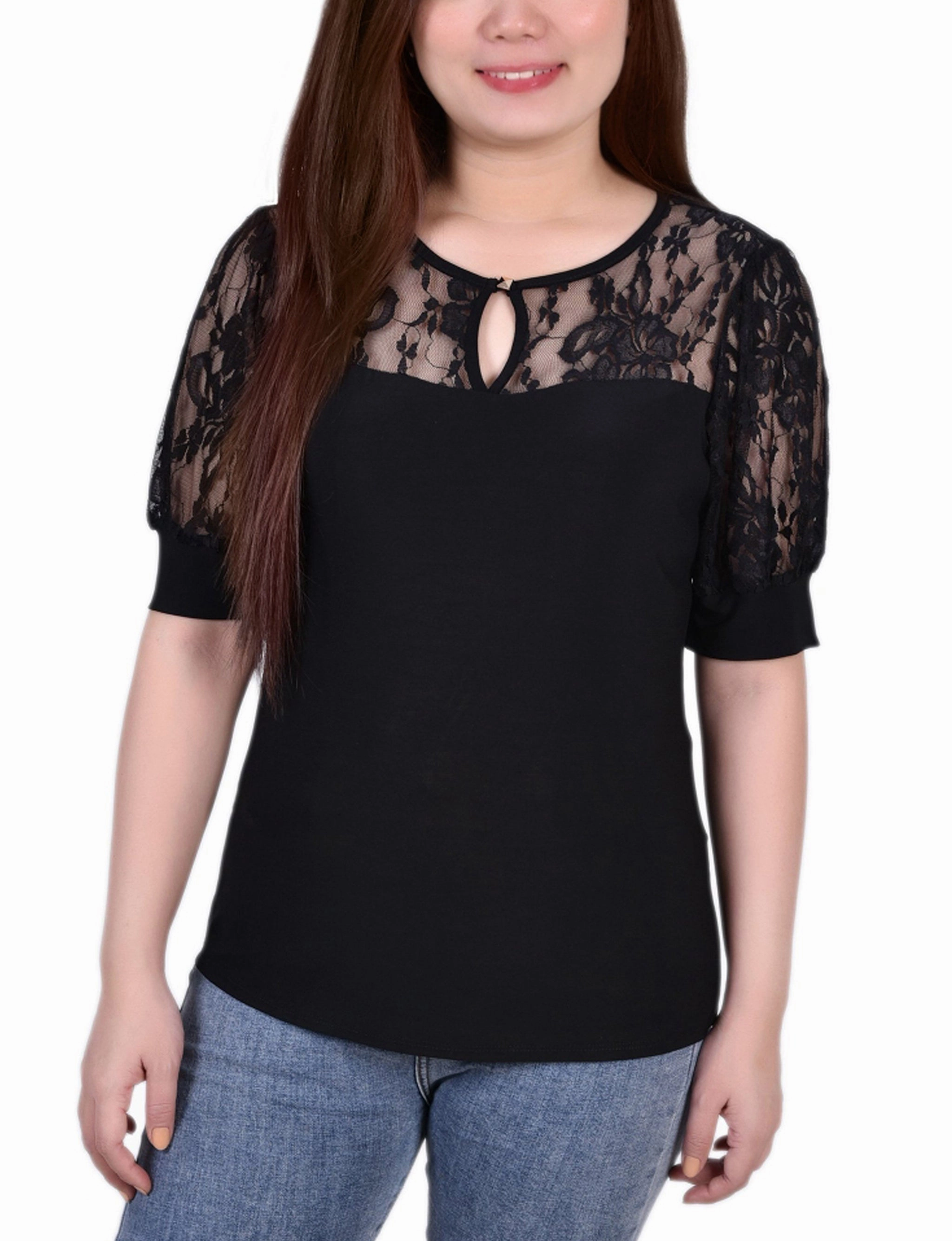 Petite Short Puff Sleeve Top With Lace Sleeves And Yoke StaticResistant Material