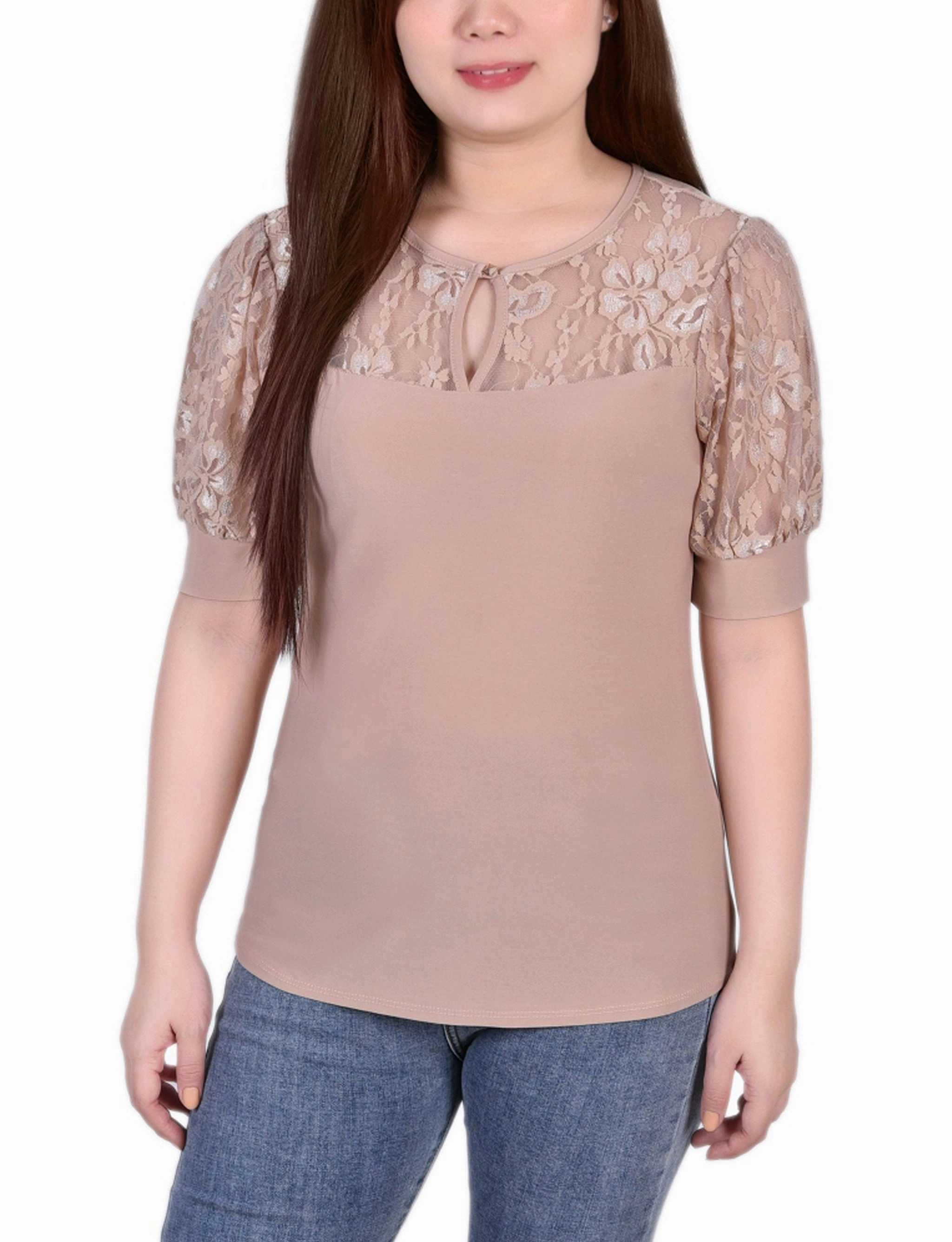 AllPurpose Design MultiPurposeUtility Petite Short Puff Sleeve Top With Lace Sleeves And Yoke