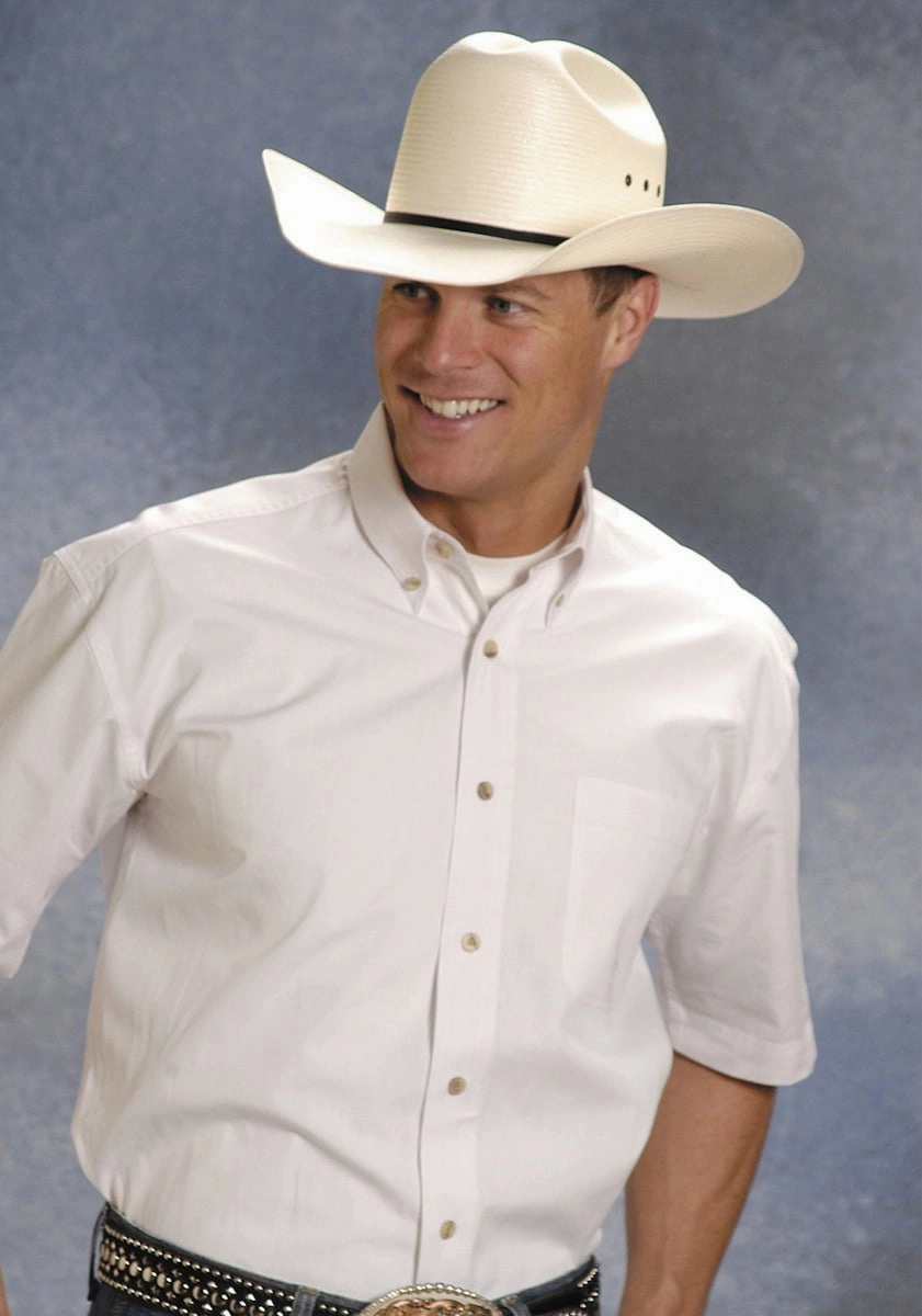 Special Occasion Bold Graphics Roper Mens White 100% Cotton S/S 1 Pkt Button Down Poplin Western Shirt