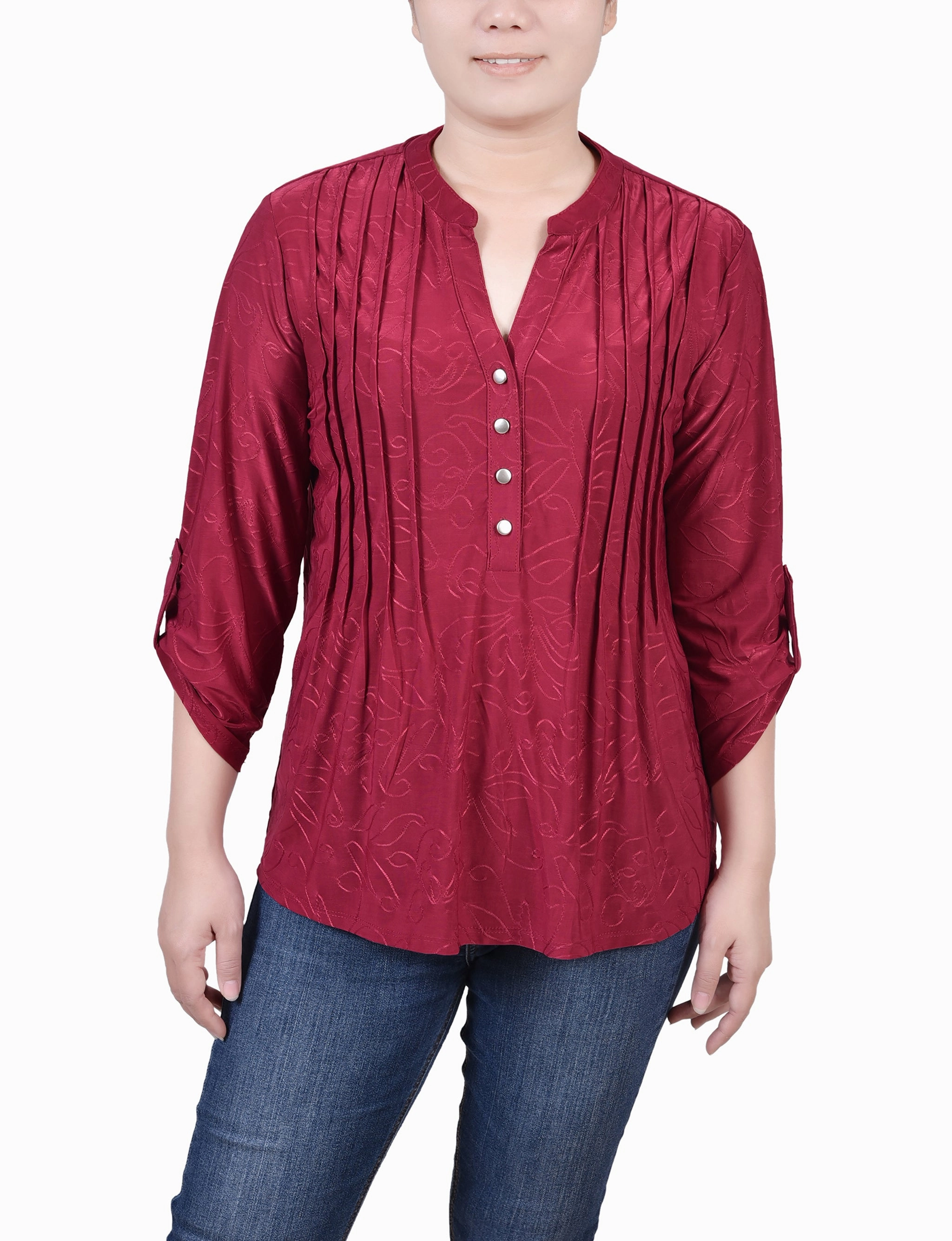 Petite 3/4 Roll Tab Pullover Top BreathableMeshInsert CrossGrain Fabric