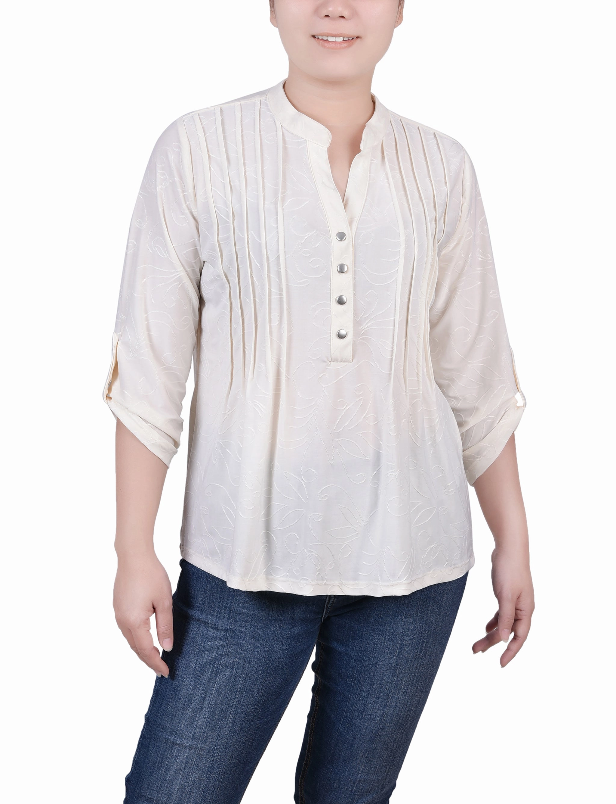 Glow In The Dark Accent Trim Petite 3/4 Roll Tab Pullover Top