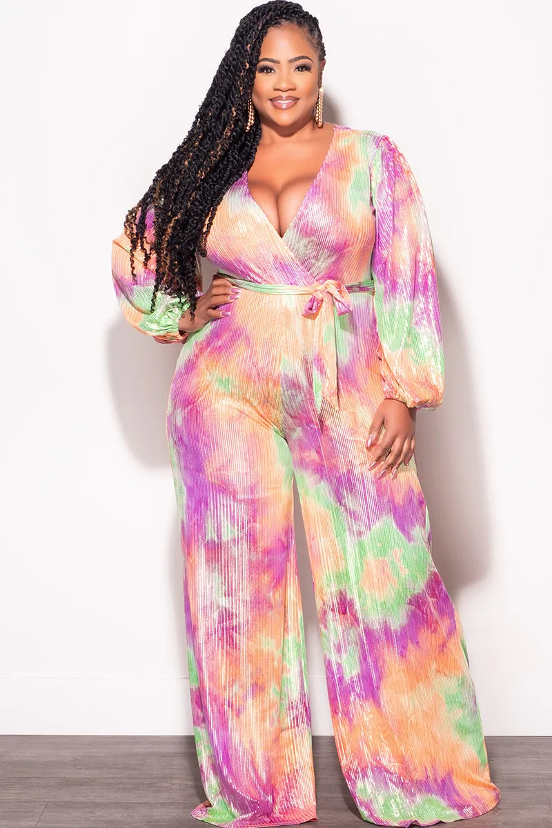 Final Sale Plus Size Faux Wrap Jumpsuit with Attached Tie in Orange Purple Green and Gold Foil Tie Dye Print Rayon drape