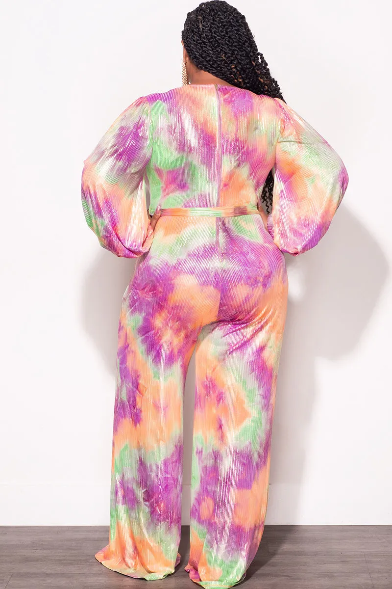 Final Sale Plus Size Faux Wrap Jumpsuit with Attached Tie in Orange Purple Green and Gold Foil Tie Dye Print Smart Design City Ready