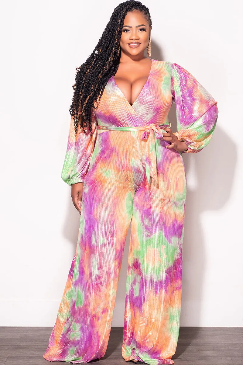 Final Sale Plus Size Faux Wrap Jumpsuit with Attached Tie in Orange Purple Green and Gold Foil Tie Dye Print Stretchable Comfort