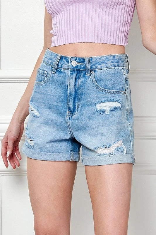 Conner Washed Denim Distressed Roll Up Shorts Front Slit Texture Play