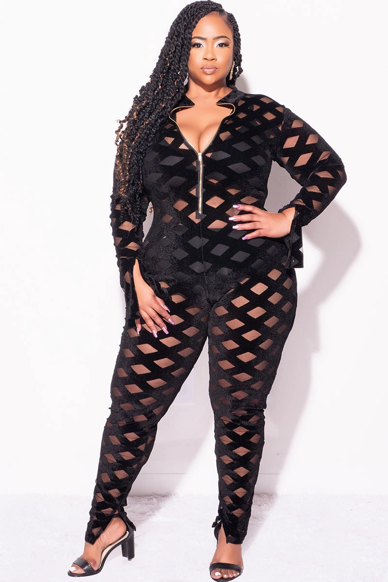Flat Lock Seams Final Sale Plus Size Sheer Zip-Up Bodycon Jumpsuit in Trellis Design in Black