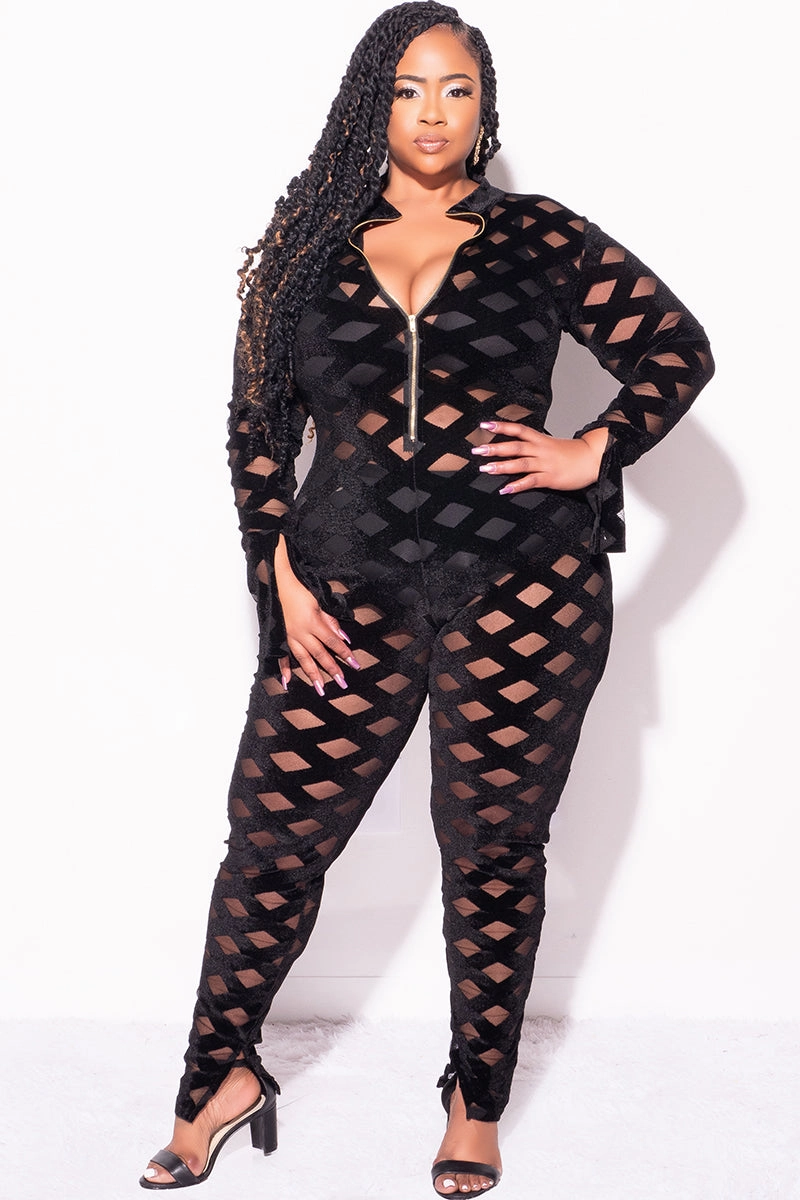 Final Sale Plus Size Sheer Zip-Up Bodycon Jumpsuit in Trellis Design in Black Thermal Regulating Bootcut shape