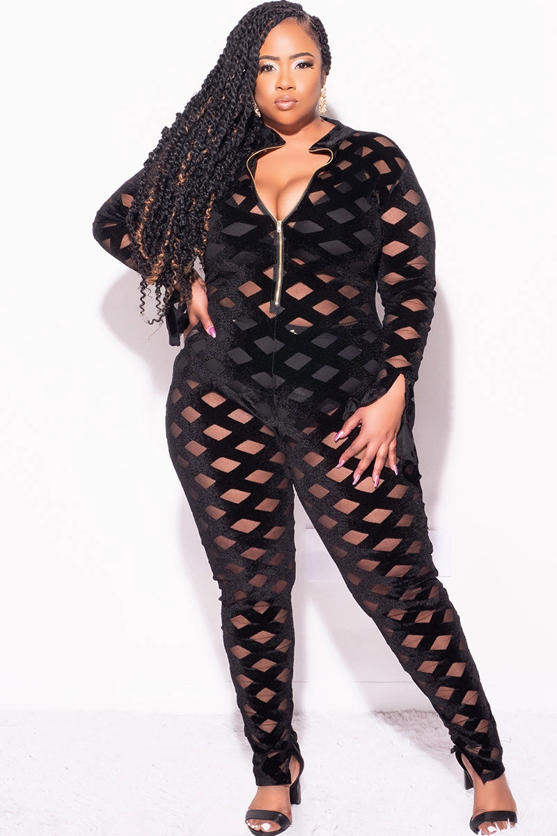 Distressed finish Snag Proof Fabric Final Sale Plus Size Sheer Zip-Up Bodycon Jumpsuit in Trellis Design in Black